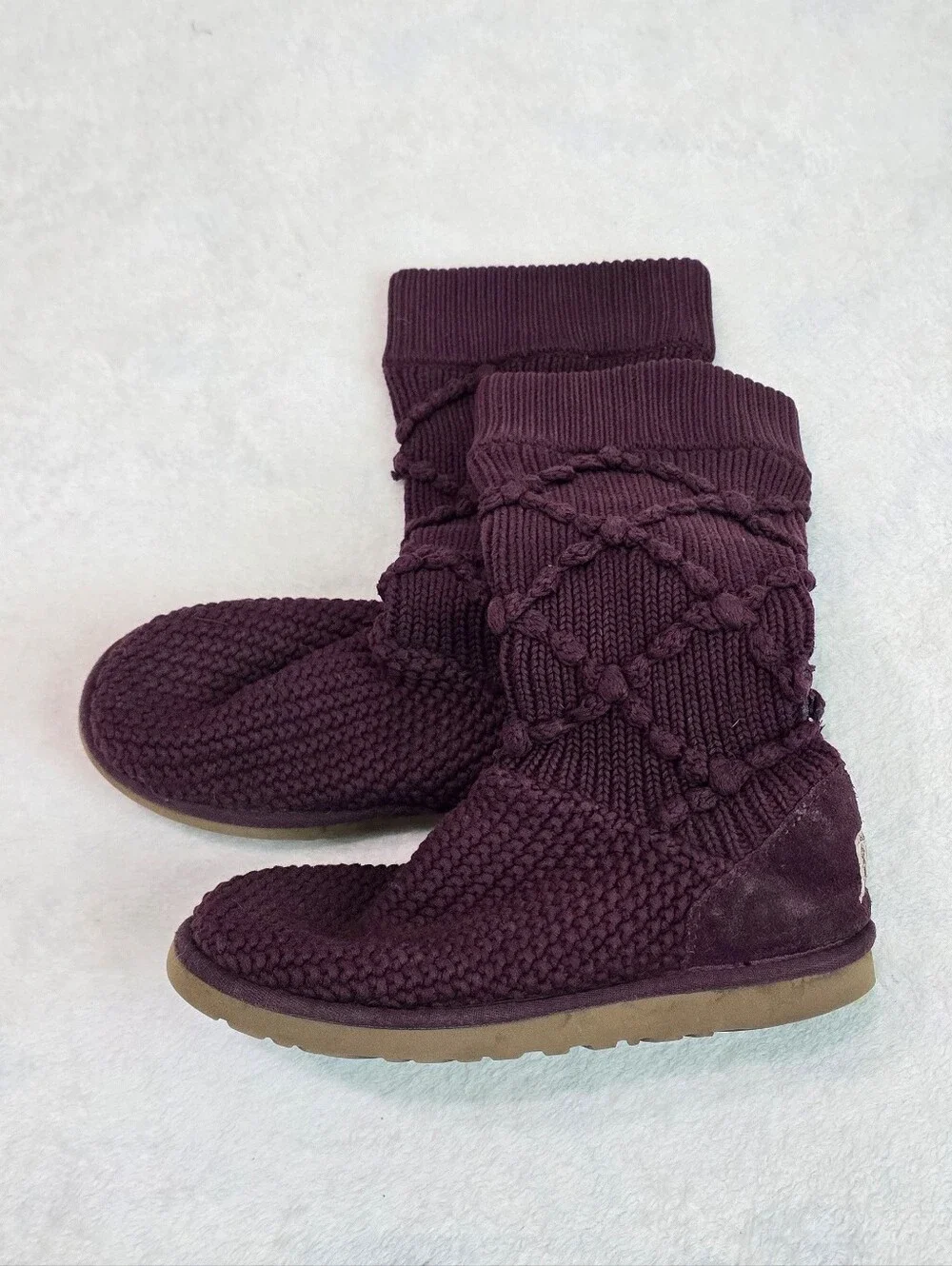 Women's Ugg Boots Australia Argyle Maroon Knit Sweater Pull On Tall Boot Size 8